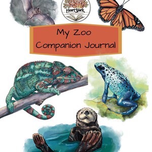 May include: A colorful journal cover with the text "My Zoo Companion Journal." The cover features illustrations of a bat, butterfly, chameleon, frog, and otter. The journal is designed for educational purposes.