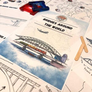 May include: A colorful educational game for kids about bridges around the world. The game includes a map of the world with different bridges marked on it, as well as a booklet with information about each bridge. The game is designed to help kids learn about different cultures and the world around them.