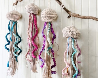 Macrame Hanging Jellyfish,  Coastal Sea Creatures Decor,  Nautical Nursery Decor,  Coastal Bedroom Wall Hanging, Beach Jellies, Seascape