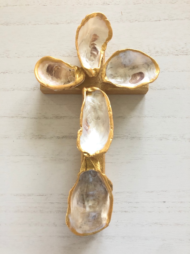 Oyster Shell Christian Cross | Gold Trim Painted Oyster Shell ...