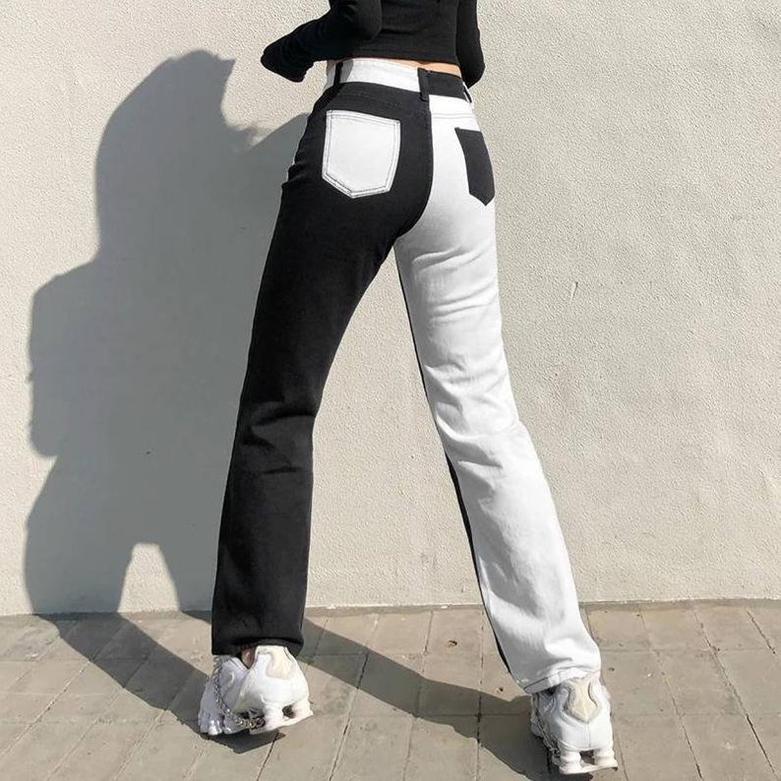 Two Tone Contrast Black and White Monochroma Baggy Jeans Half Etsy
