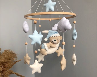Baby mobile - nursery toy mobile- Musically toy mobile - nursery crib toys - Bear on the moon mobile