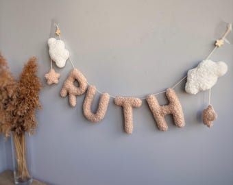 Boucle wall decor, Wall name decor,name garland, Boucle clouds garland, moon nursery decor clouds garland