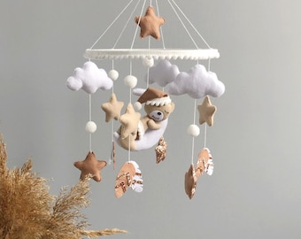 Baby Mobile with Sleeping Bear, Baby Bear Mobile, Boho Baby Mobile, Baby mobile neutral, Crib stars clouds Mobile, Felt hanging mobile