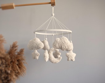 Cloud Baby Mobile - Baby Girl and Boy Mobile - Rain Cloud Baby Crib Mobile - White Gold Mobile for Nursery - Gender Neutral Nursery Mobile