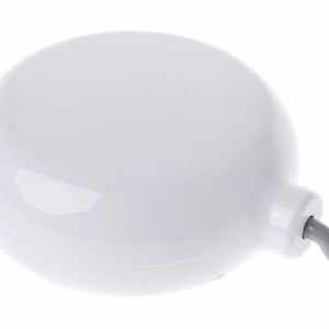 May include: A white, spherical object with a gray hook. The object has a smooth, glossy surface and a small loop on one side. The hook is attached to the bottom of the sphere. The object appears to be a baby mobile component.