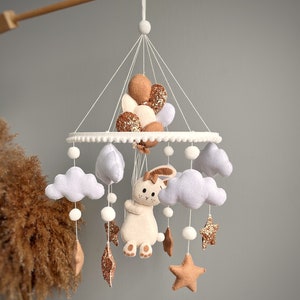 Baby mobile bunny , beige nursery mobile , balloons and starts , felt hanging crib mobile , newborn baby shower gift