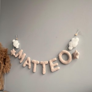 Wall name decor,name garland, Boucle clouds garland, moon nursery decor clouds garland Baby Name Banner for Nursery, Boucle Cloud Name