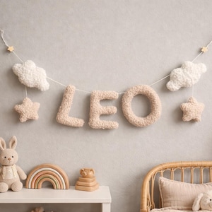 Boucle wall decor,Wall name decor,name garland, Boucle clouds garland, moon nursery decor clouds garland