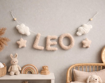 Boucle wall decor,Wall name decor,name garland, Boucle clouds garland, moon nursery decor clouds garland