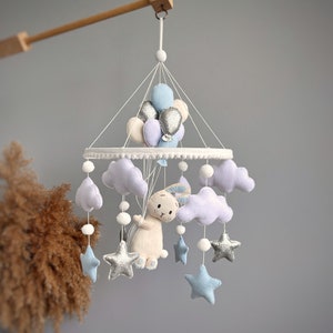 Baby mobile boy bunny blue nursery mobile balloons and stars eco-friendly toy stars felt hanging crib mobile newborn baby shower gift