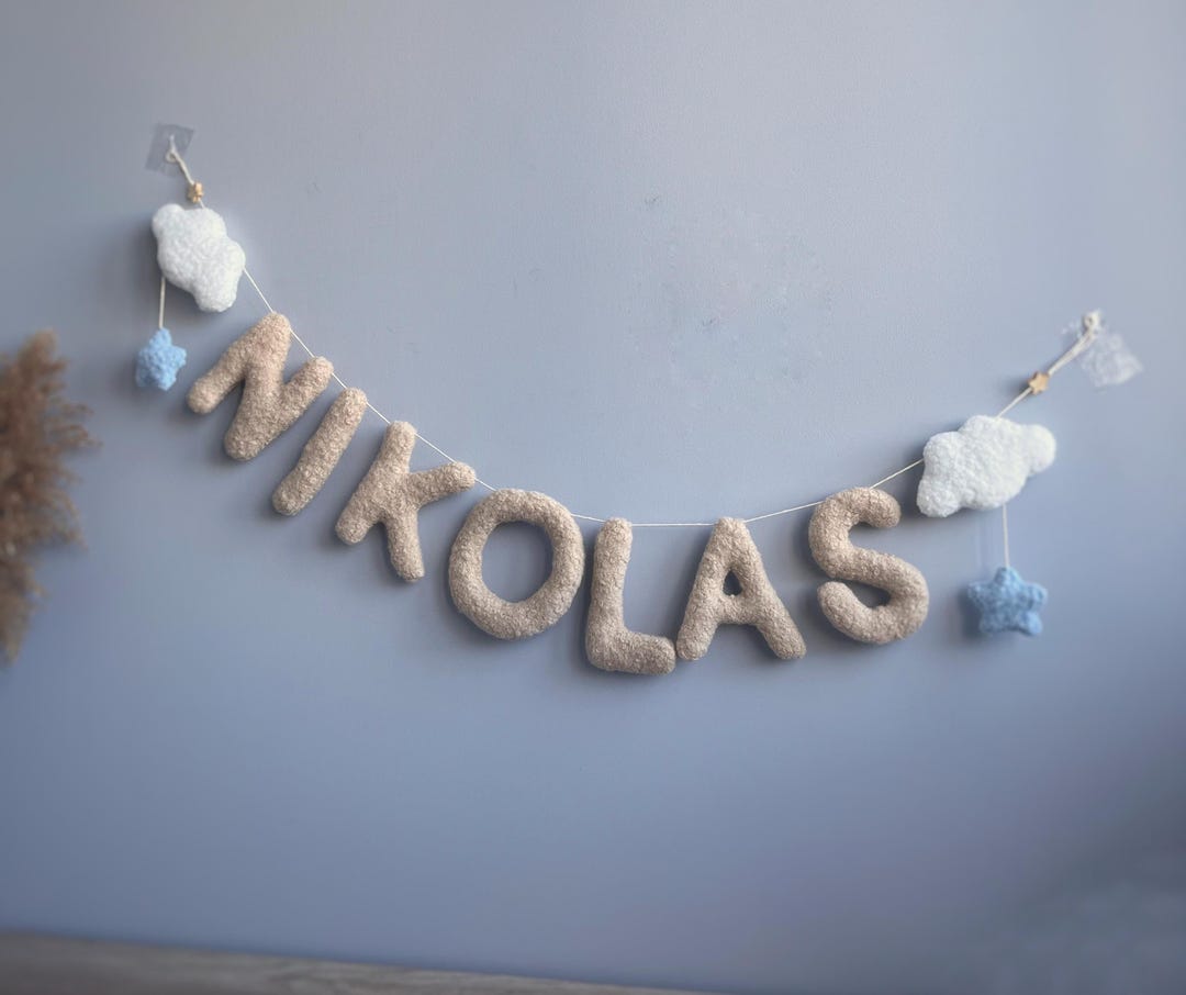 Wall Name Decor,name Garland, Boucle Clouds Garland, Moon Nursery Decor