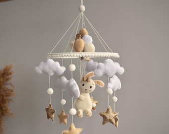 Baby mobile bunny , Boucle bunny baby Mobile, Neutral Mobile, Bunny Mobile , Stars Clouds Crib Mobile, Gift For a Baby, Newborn gift,