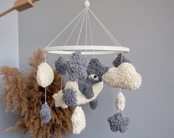 Personalized boucle clouds and moon baby nursery mobile, Neutral baby mobile, Neutral nursery mobile, Clouds mobile, Felted stars mobile