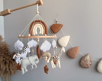 Safari nursery mobile with Rainbow , realistic felt animals lion, giraffe, zebra, elephant, Crib mobile, ceiling mobile, newborn gift.