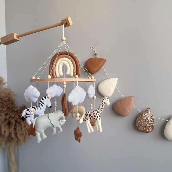 Safari nursery mobile with Rainbow , realistic felt animals lion, giraffe, zebra, elephant, Crib mobile, ceiling mobile, newborn gift.