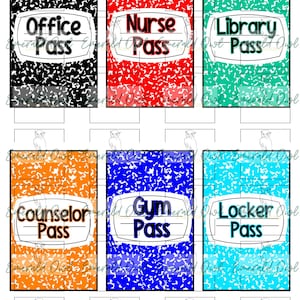 Puede incluir: Seis pases escolares con diferentes fondos y texto. Los pases incluyen "Office Pass", "Nurse Pass", "Library Pass", "Counselor Pass", "Gym Pass" y "Locker Pass". Cada pase tiene un óvalo blanco con el nombre del pase.