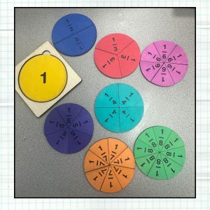 Könnte beinhalten: Ein Satz bunter Bruchkreise, die jeweils in verschiedene Anzahlen gleicher Teile unterteilt sind. Die Kreise sind aus Filz und haben den Bruch auf jedem Teil geschrieben. Die Brüche umfassen 1/2, 1/3, 1/4, 1/5, 1/6, 1/7, 1/8 und 1/10.