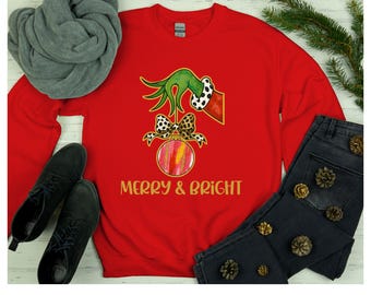 Merry and Bright Grinch Hand Gildan Sweatshirt: Holiday Crewneck