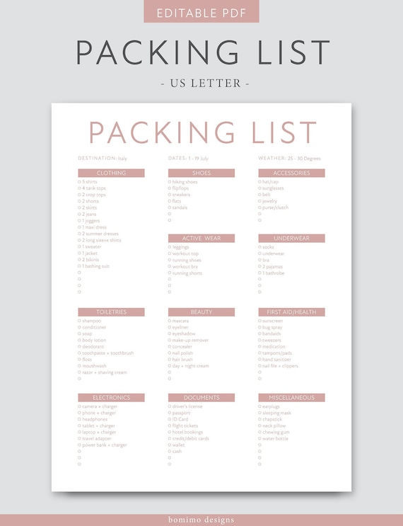 packing list printable editable pdf vacation packing list etsy