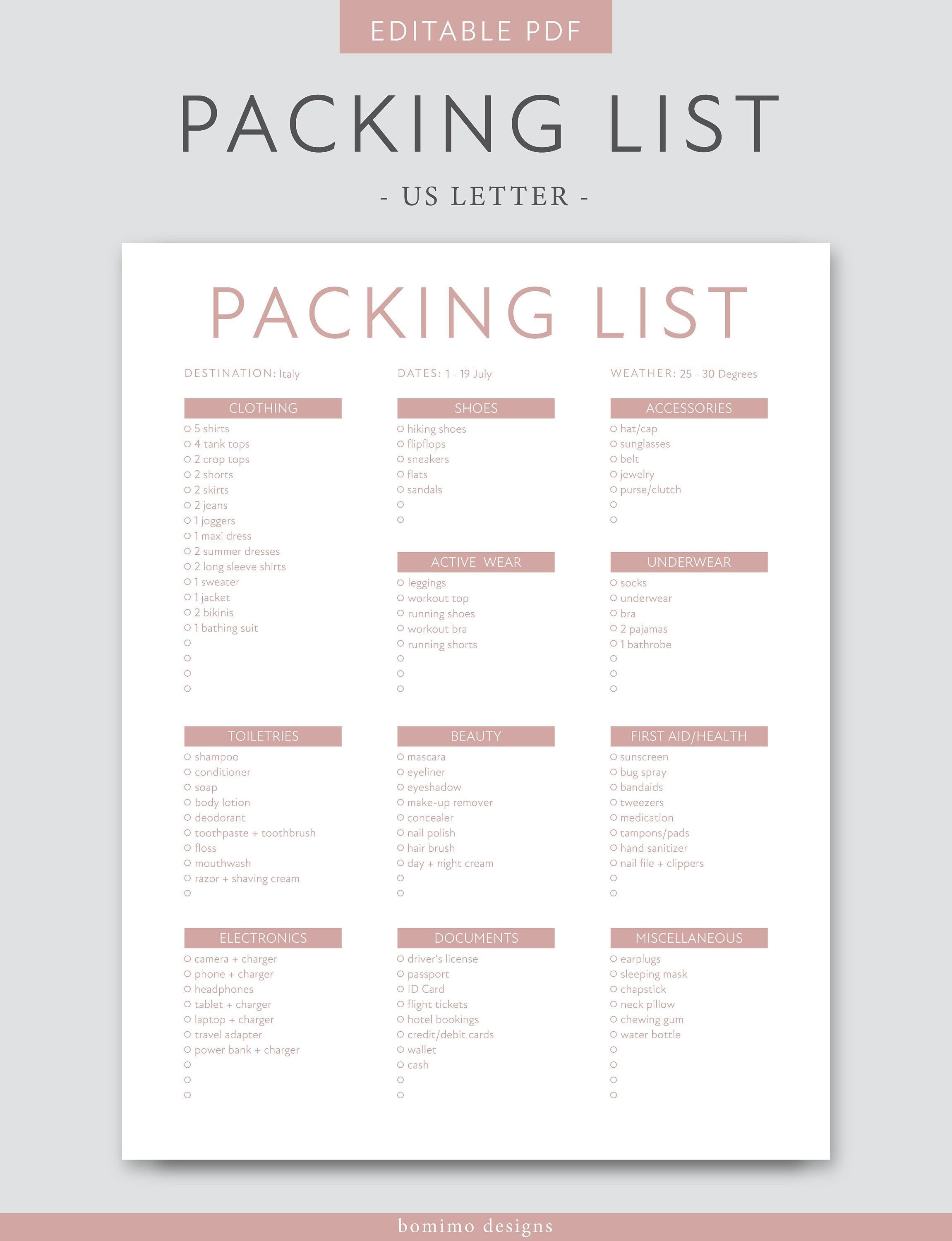 packing list printable editable pdf vacation packing list etsy canada