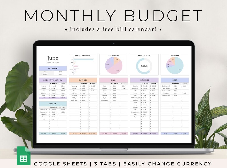 Monthly Budget Spreadsheet, Google Sheets Budget Template, Bill Calendar, Personal Finance Dashboard, Monthly Budget Planner Google Sheets 