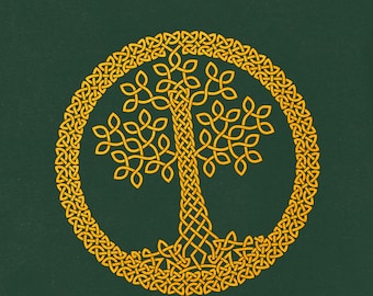 May include: A gold Celtic knot tree of life design on a dark green background.