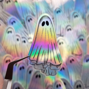 Ghost holographic sticker, spooky, Halloween sticker, vinyl, ghost gift, goth stickers, waterproof, ghost decal, small stickers, rainbow