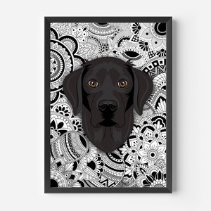 Black Labrador print, zentangle, dog mandala, black Labrador gift, picture, wall art, pet portrait, labrador lover, dog lover decor, cartoon