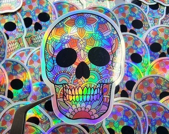 Pegatina holográfica de calavera zentangle: Calcomanía gótica arcoíris