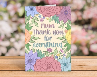 Thank you Mum, Mother's Day Card, floral card, card for Mum, Mum gift, flower mother's day card, blank card, Mum greeting card