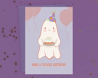 Ghost Birthday Card, spooky birthday, Halloween birthday, cute ghost, witch birthday, Kawaii ghost card, Autumn birthday, October birthday