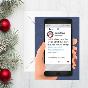 Divertente biglietto di Natale su Twitter, biglietto di Babbo Natale maleducato, biglietto di Natale ateo, biglietto di Natale umoristico, Babbo Natale cattivo, divertente biglietto della natività, biglietto di Natale per adulti
