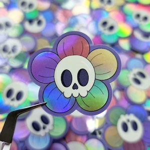 Skull flower sticker, holographic sticker, halloween, witchy sticker, rainbow, vinyl sticker, skull decal, cute skull, spooky, pastel goth