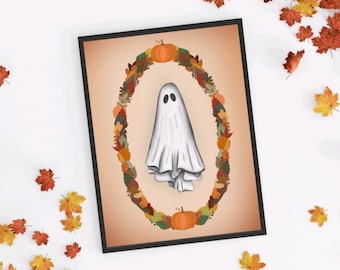 Impression d'art fantôme : décoration d'Halloween avec couronne de feuilles d'automne