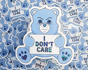 I Don't Care Bear Sticker, glitter sticker, grumpy bear, 90s stickers, nostalgia, waterproof vinyl sticker, 90s gift, blue care bear