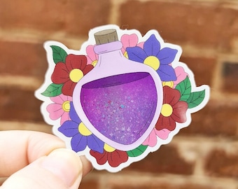 Holographic Potion Bottle Sticker: Floral Witchy Decal