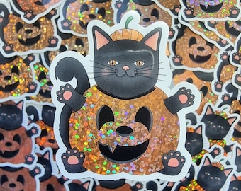 Halloween Glitter Sticker, Black Cat Pumpkin, Spooky Kawaii