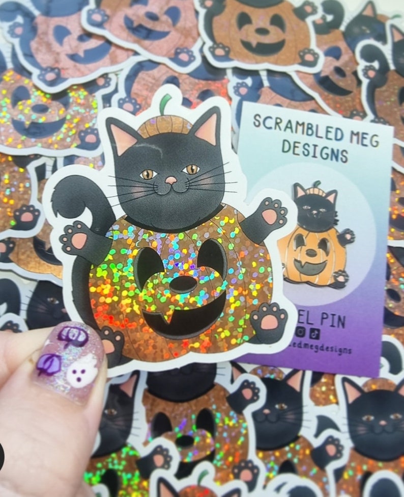 Halloween Glitter Sticker, Black Cat Pumpkin, Spooky Kawaii - Etsy
