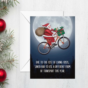 Biglietto di Natale sulla crisi del costo della vita, biglietto di Natale di E.T., ispirato a ET, biglietto di Natale divertente, inflazione, risparmio energetico, Babbo Natale in bicicletta