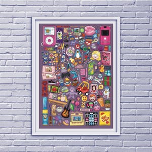 May include: A framed poster featuring a purple background filled with a collage of colourful 2000s-era pop culture icons, including a pink music player, a flip phone, a handheld gaming console, various snacks, toys, and cartoon character illustrations.