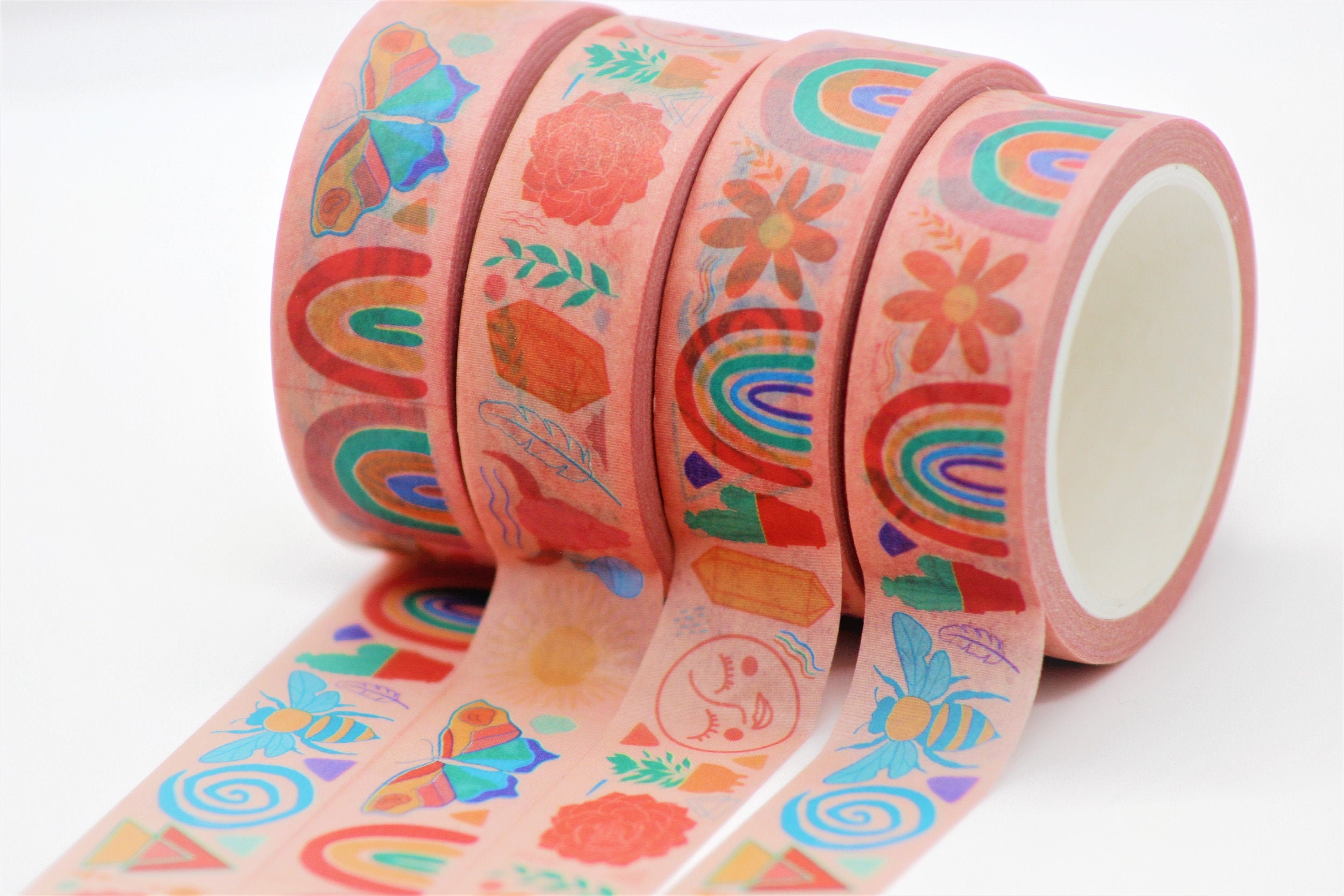 Boho Rainbows Peach Summer Pink Hearts Stripes Washi Tape Set (#W059)