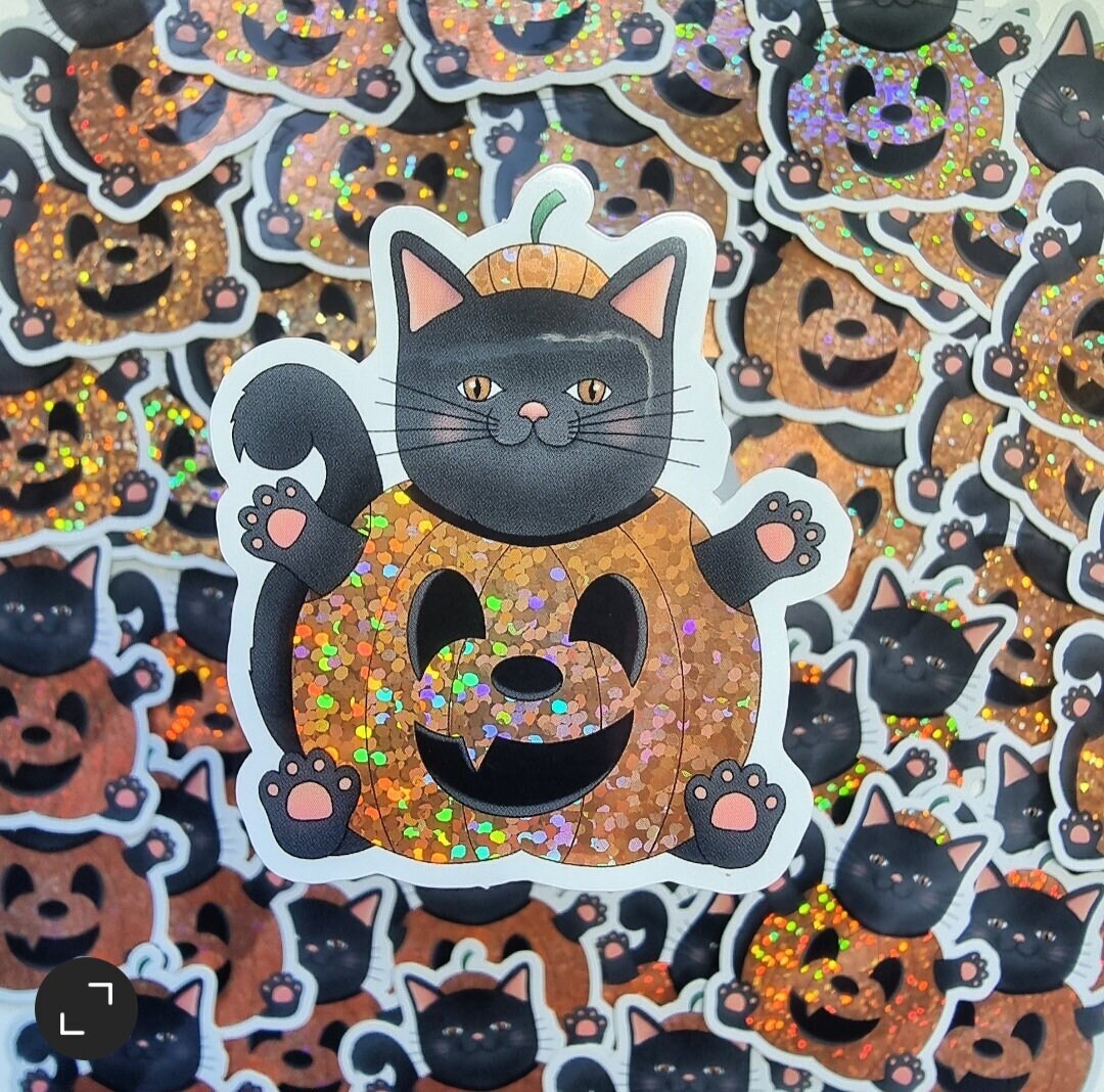 Halloween Glitter Sticker, Black Cat Pumpkin, Spooky Kawaii - Etsy
