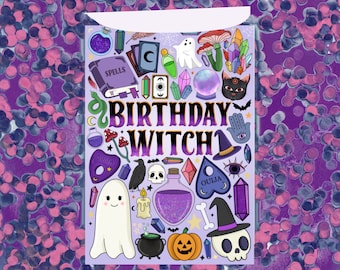 Heksenverjaardagskaart: Goth Halloween-verjaardag, spookachtig pastelontwerp