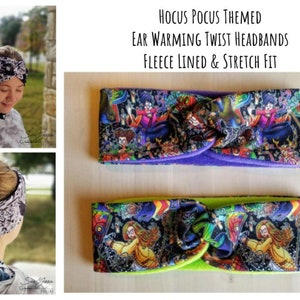 May include: Two Hocus Pocus themed fleece-lined ear warming twist headbands. The headbands are black with a colorful Hocus Pocus print and have a purple and green fleece lining.