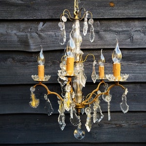 Antique French Girandole chandelier brass with crystals 5 arms