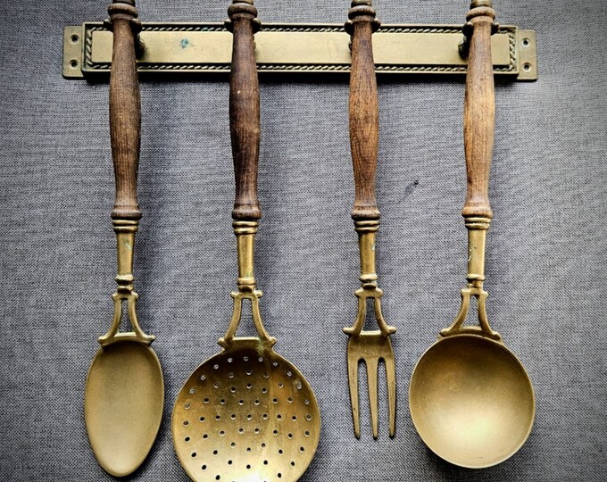 4 Vintage Brass Kitchen Utensils on Brass Wall Rack, Vintage Cookware ...