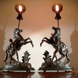 Pair of antique table lamps horses statues, Marly horses, Horse antique decor