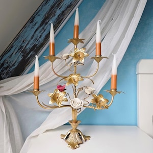 Vintage gold French candelabra bronze with metal and porcelain flowers, fireplace tole candelabra Christmas, Candlestick holder 5 candles