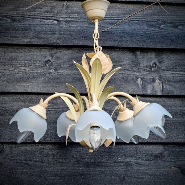 Tole chandelier cream with pale green leaves and frosted glass flower lampshades  5 arms, toleware ceiling light, toleware leaves chandelier